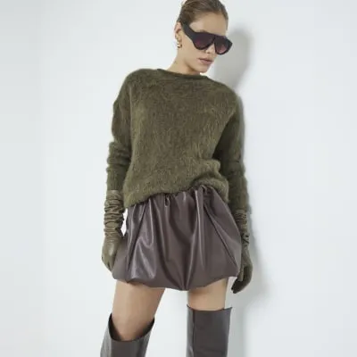 Brown Faux Leather Bubble Hem Mini Skirt sold by River Island