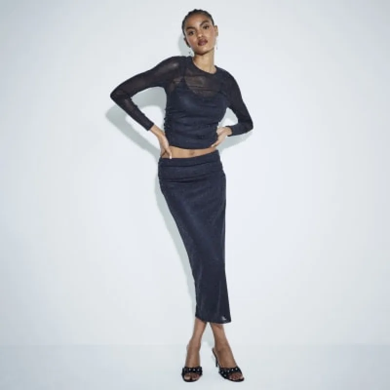 Black Mesh Metallic Midi Pencil Skirt sold by River Island