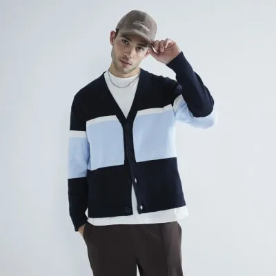 Navy Boxy Fit Colour Block Cardigan sold by River Island