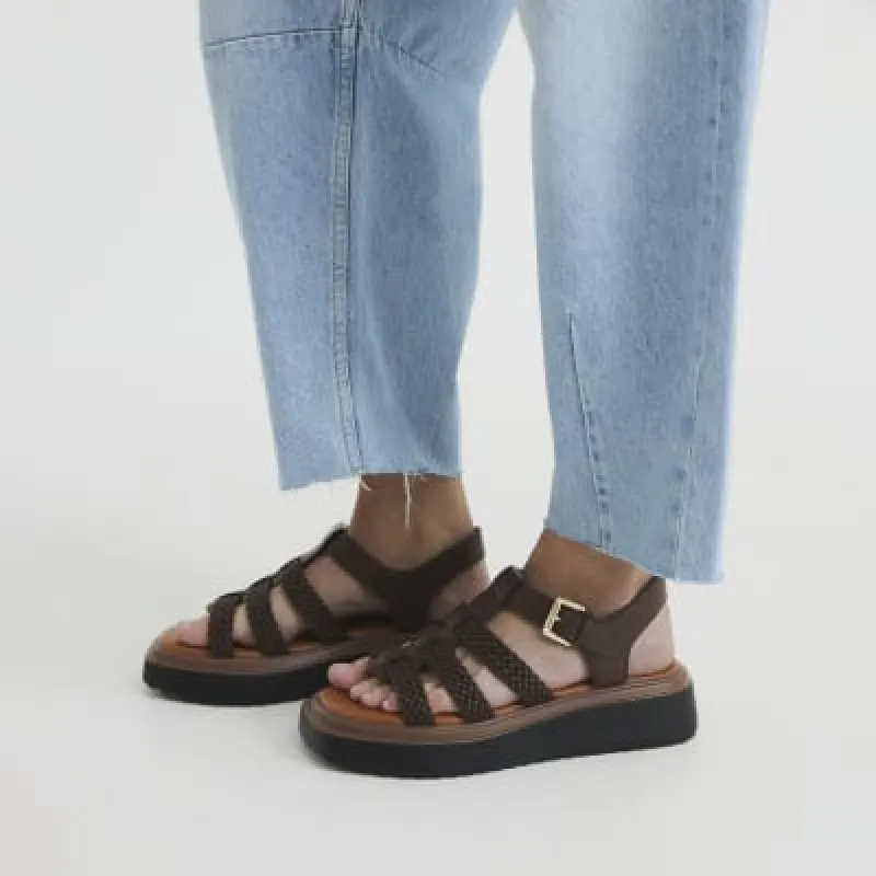 Brown Wide Fit Faux Leather Flatform Sandals sold by River Island