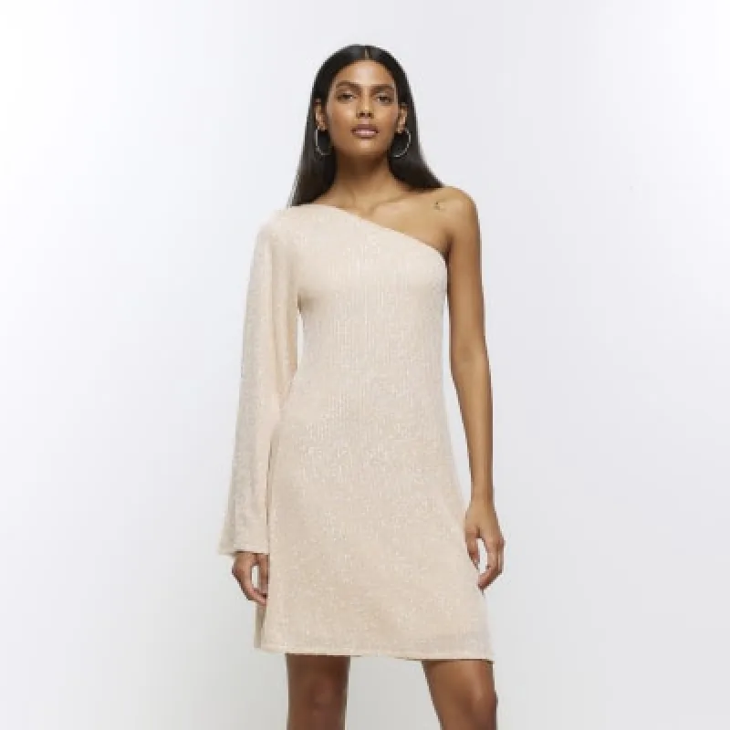 Cream sequin one shoulder shift mini dress sold by River Island