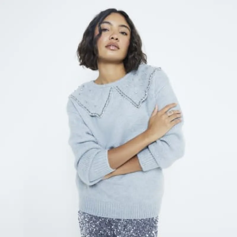 Grey Embellished Collar Jumper sold by River Island