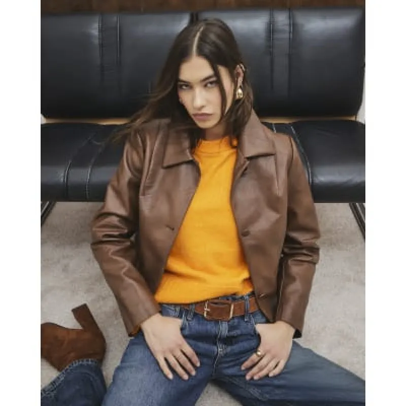 Brown Faux Leather Button Up Jacket sold by River Island