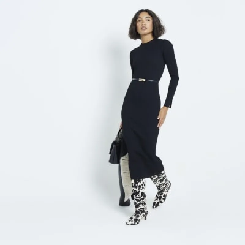 Black Long Sleeve Belted Midi Jumper Dress sold by River Island