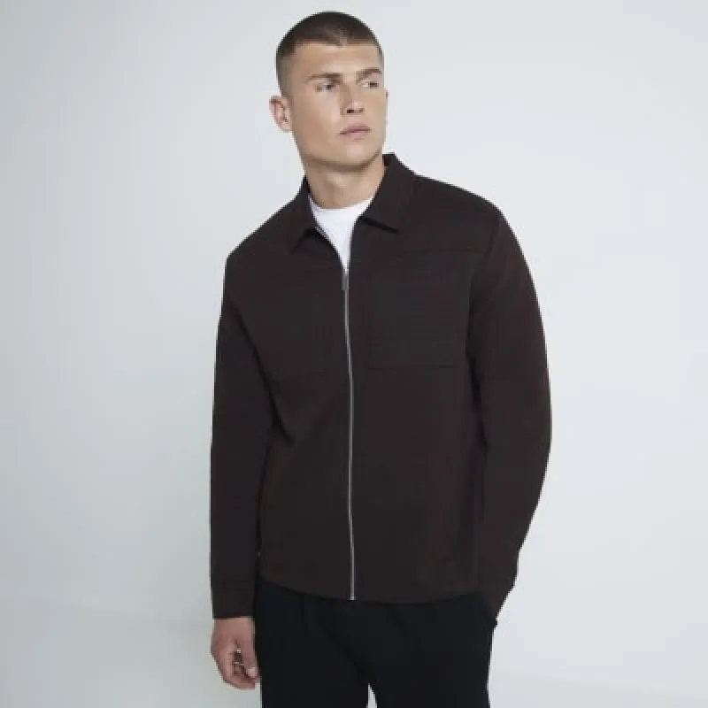 Brown Long Sleeve Jacquard Shacket sold by River Island