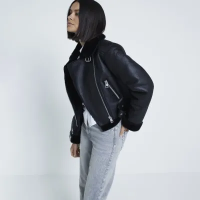 Black Belted Crop Aviator Jacket sold by River Island