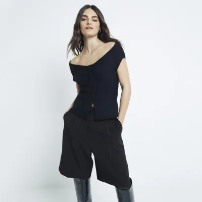 Black Off Shoulder Knit Bardot Top sold by River Island