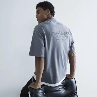 Grey Boxy Fit Double Layer Print T-Shirt sold by River Island