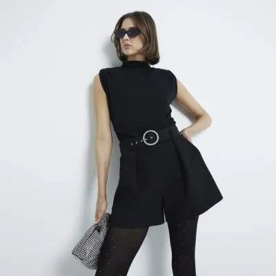 Black Diamante Buckle Structured Shorts sold by River Island