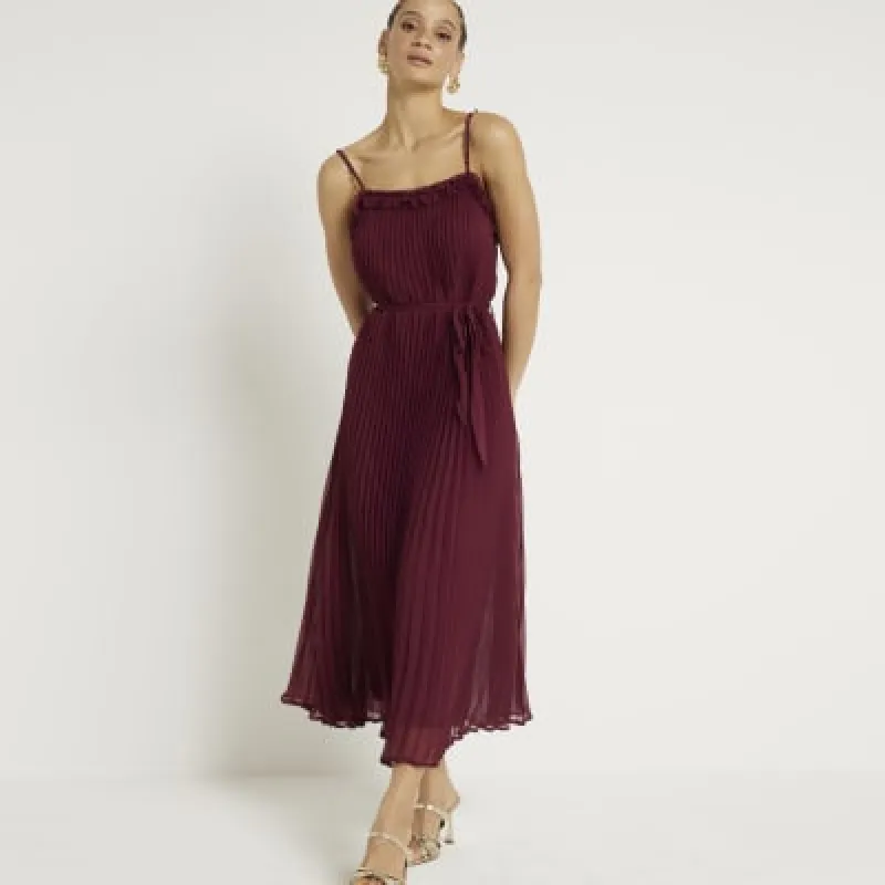 Red pleated pearl midi dress sold by River Island