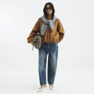 Petite Brown Suedette Bomber Jacket sold by River Island