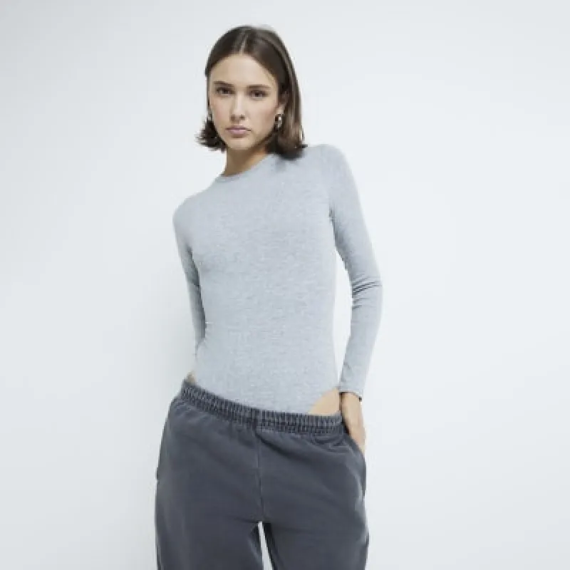 Grey Long Sleeve Crew Neck Bodysuit sold by River Island