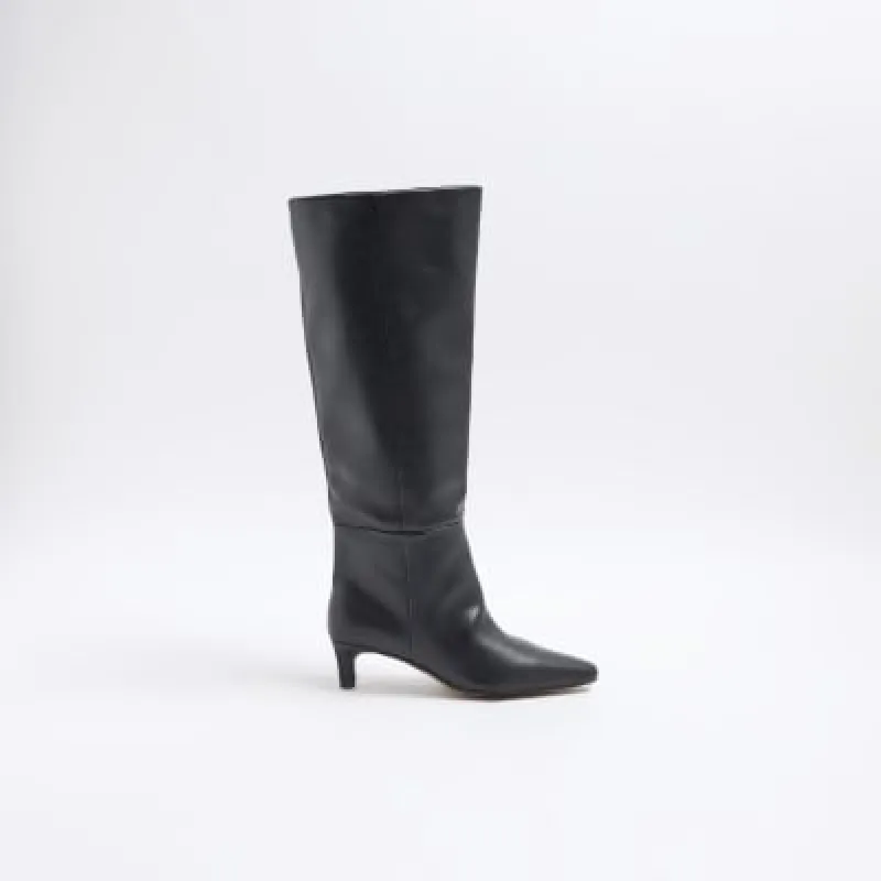 Black Wide Fit Knee High Kitten Heel Boots sold by River Island