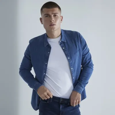 Blue Denim Muscle Fit Long Sleeve Shirt sold by River Island