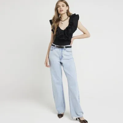Black frill detail v neck bodysuit sold by River Island