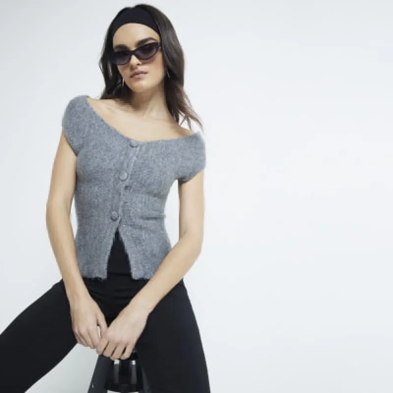 Grey Off Shoulder Knit Bardot Top sold by River Island