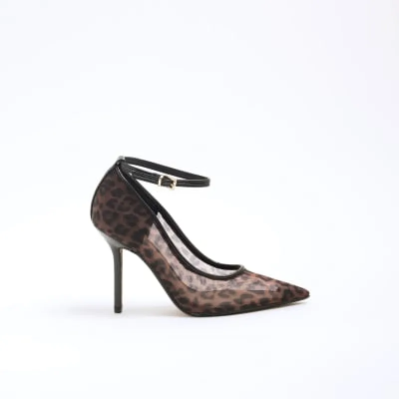 Brown Mesh Leopard Heeled Court Shoes sold by River Island