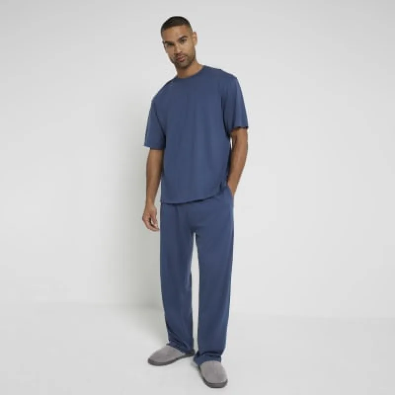 Blue Regular Fit Short Sleeve Pyjama Set sold by River Island