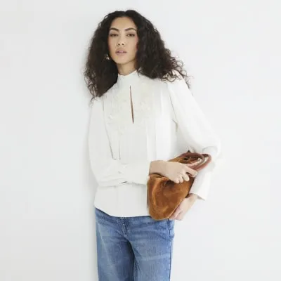 Cream Long Sleeve Floral Applique Blouse sold by River Island