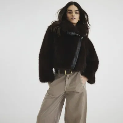 Brown Faux Fur Biker Jacket sold by River Island