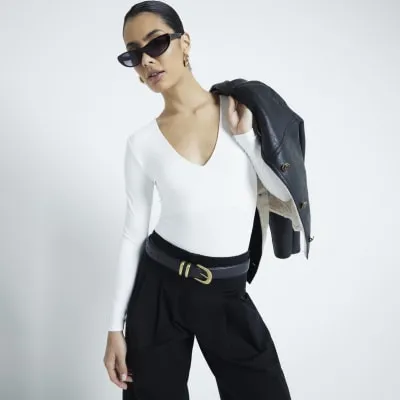 White Long Sleeved V-Neck Bodysuit sold by River Island
