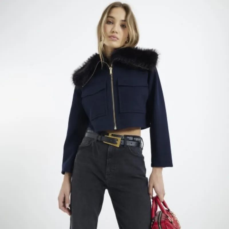 Navy Faux Fur Collar Cropped Jacket sold by River Island