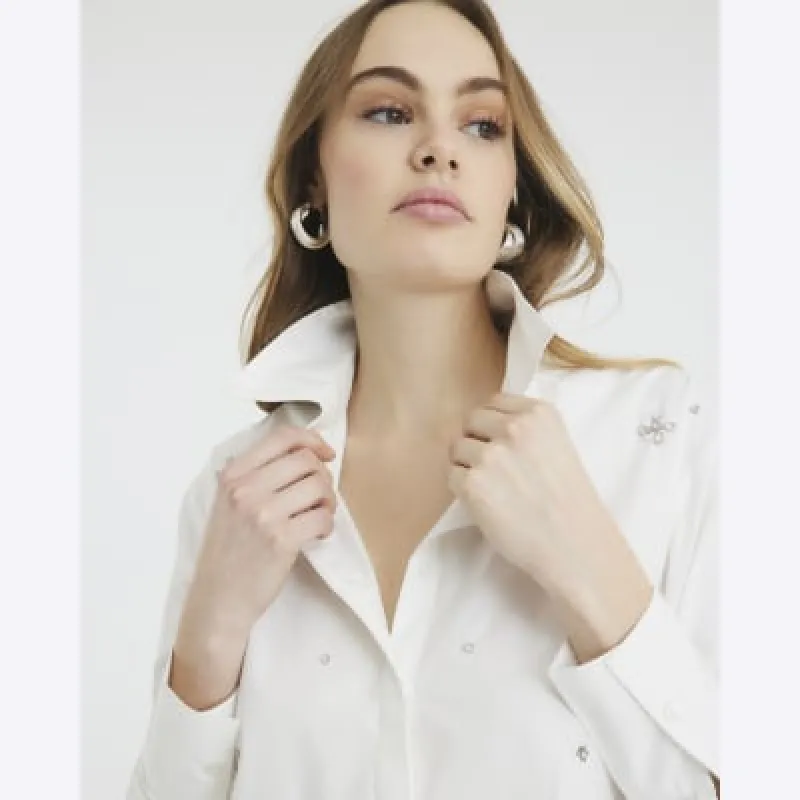 White Diamante Detail Poplin Shirt sold by River Island