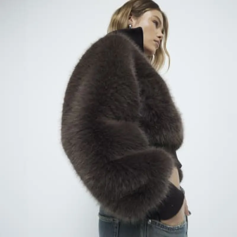 Brown Knitted Faux Fur Bomber Jacket sold by River Island
