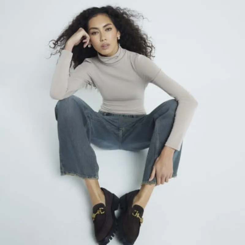 Beige Long Sleeve Roll Neck Top sold by River Island