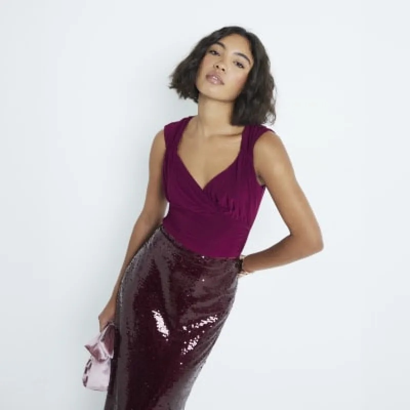 Red Sleeveless Ruched Wrap Bodysuit sold by River Island