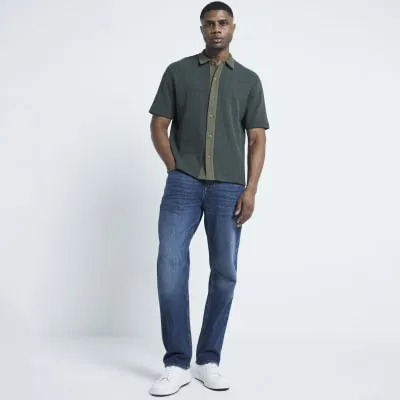 Khaki Regular Fit Crochet Short Sleeve Shirt sold by River Island
