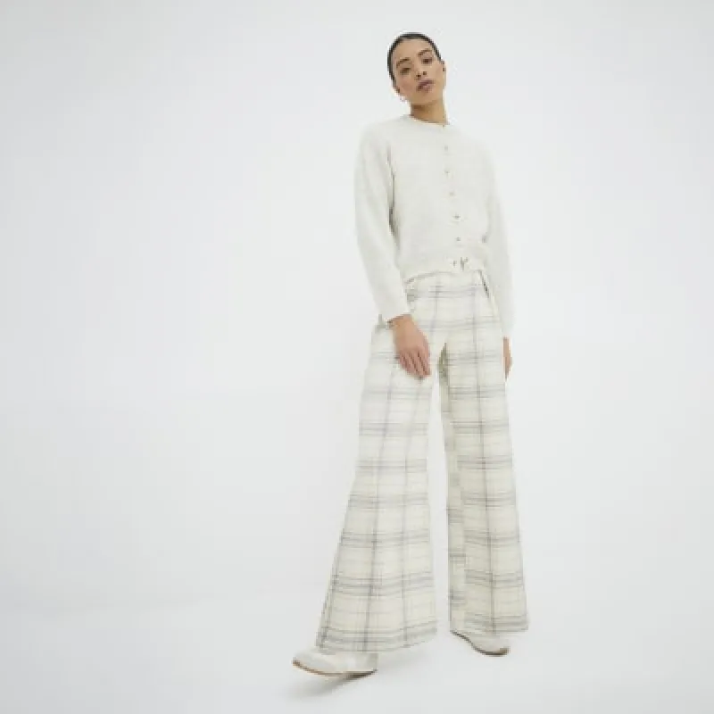 Cream Check Wide Leg Trousers sold by River Island