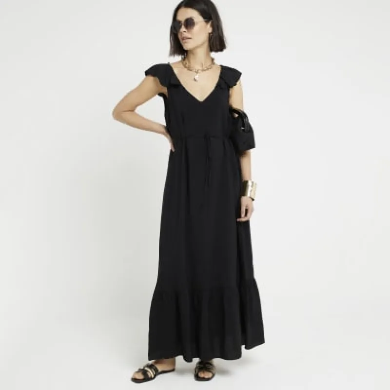 Black belted frill sleeve shift maxi dress sold by River Island