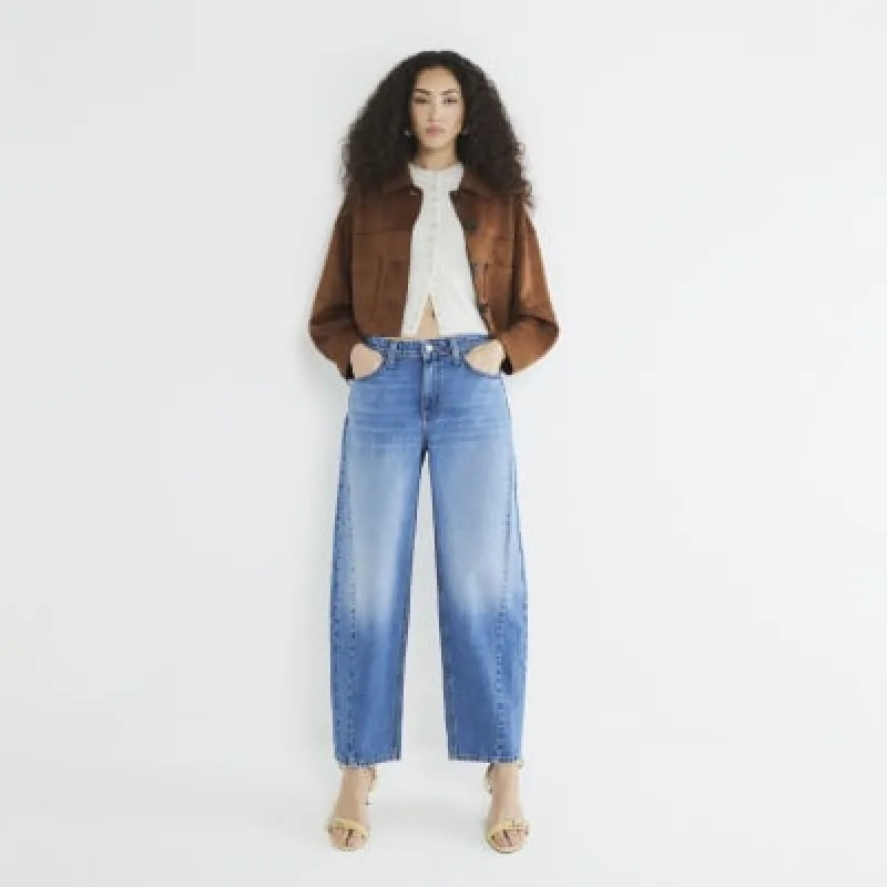 Blue Denim Seamed Barrel Jeans made by River Island
