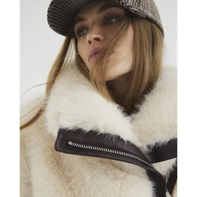 Cream Faux Fur Biker Jacket sold by River Island