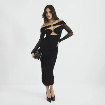 Black Long Sleeve Ring Bardot Midi Dress sold by River Island