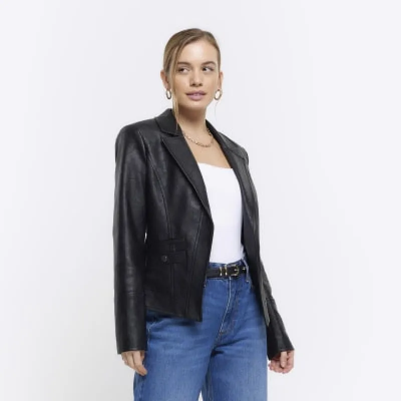 Petite black faux leather blazer sold by River Island