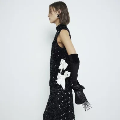 Black Sequin Sleeveless Tie Side Top sold by River Island