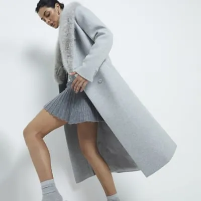Grey Double Breasted Faux Fur Collar Coat sold by River Island