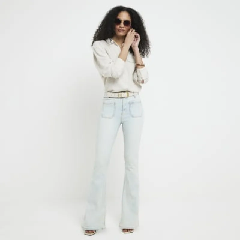 Blue high waisted pocket flared jeans sold by River Island