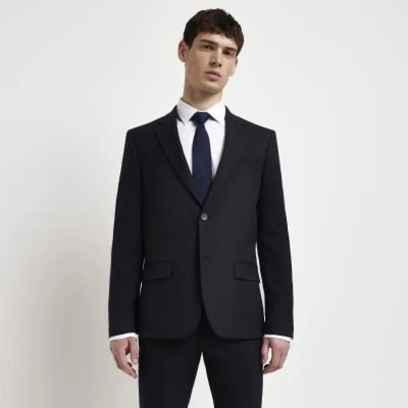 Navy Skinny Twill Suit Jacket made by River Island