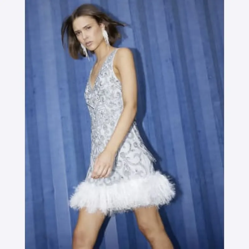Silver Premium Embellished Feather Mini Dress sold by River Island