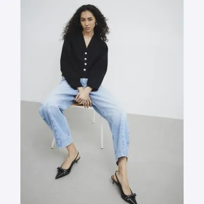 Black Collarless Button Up Jacket sold by River Island