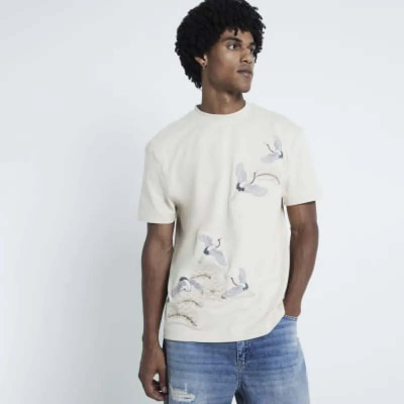 White Regular Fit Crane Embroidered T-Shirt sold by River Island