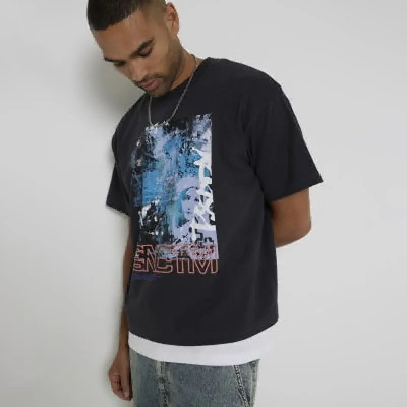 Black Cropped Boxy Fit Graphic T-Shirt sold by River Island