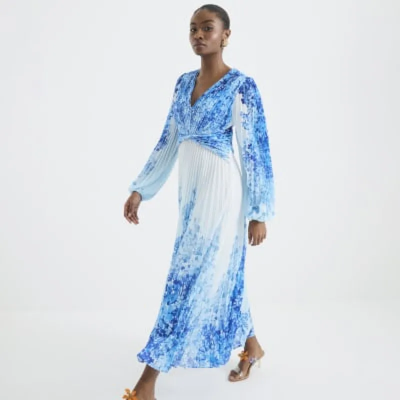 Blue Floral Print Plisse Maxi Dress sold by River Island