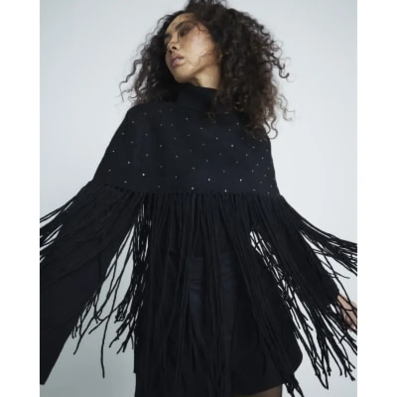 Black Knitted Tassel Cape sold by River Island