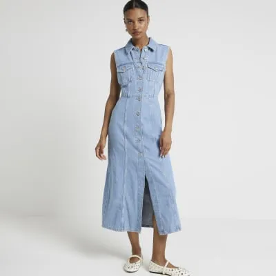 Blue denim midi shirt dress sold by River Island
