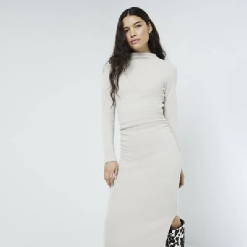 Beige Long Sleeved Ruched Midi Dress sold by River Island