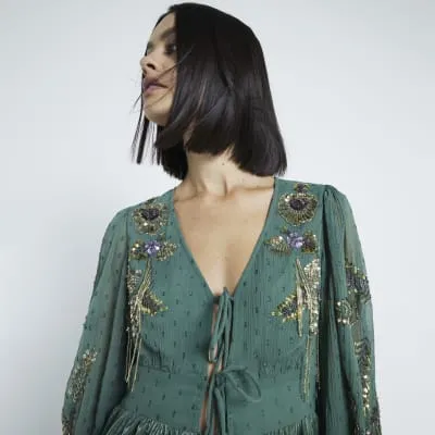 Green Velvet Tie Front Embroidery Top sold by River Island